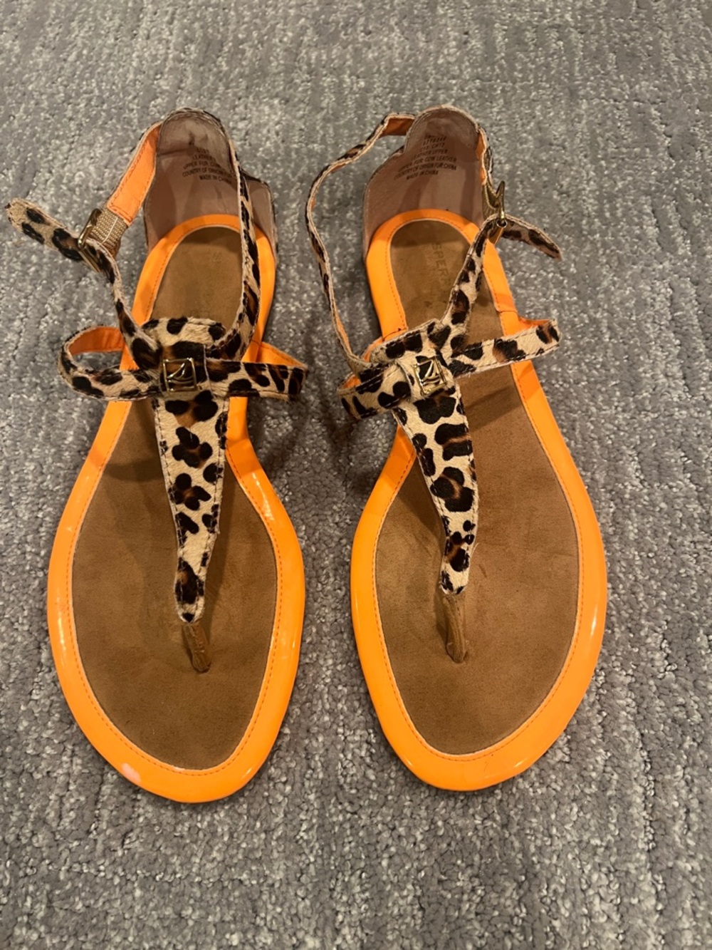 Sperry Leopard Print T-Strap Sandals with Bright Orange Trim